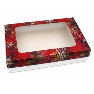 Vánoční krabička červená se zlatými vločkami 38 x 28 x 5 cm na 1,5 kg cukroví – běžné dno / nepromastitelné dno
