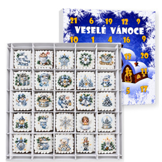 Perníčkový adventní kalendář Stříbrné Vánoce s 25 zdobenými perníčky 4 x 4 cm