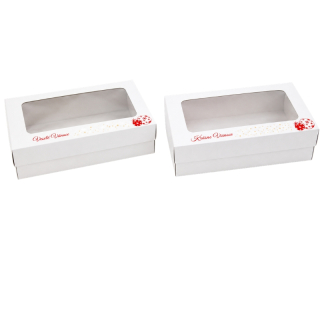 Vánoční krabička s červenou ražbou 38 x 28 x 8 cm na 2 kg cukroví – český / slovenský text, běžné dno / nepromastitelné dno
